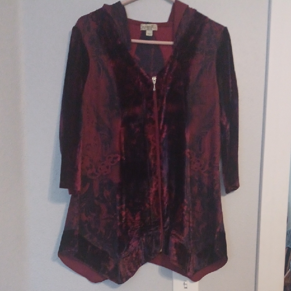 ONE WORLD Burgundy and Black Velvet Hooded Top With Intricate Tribal Designs Zip